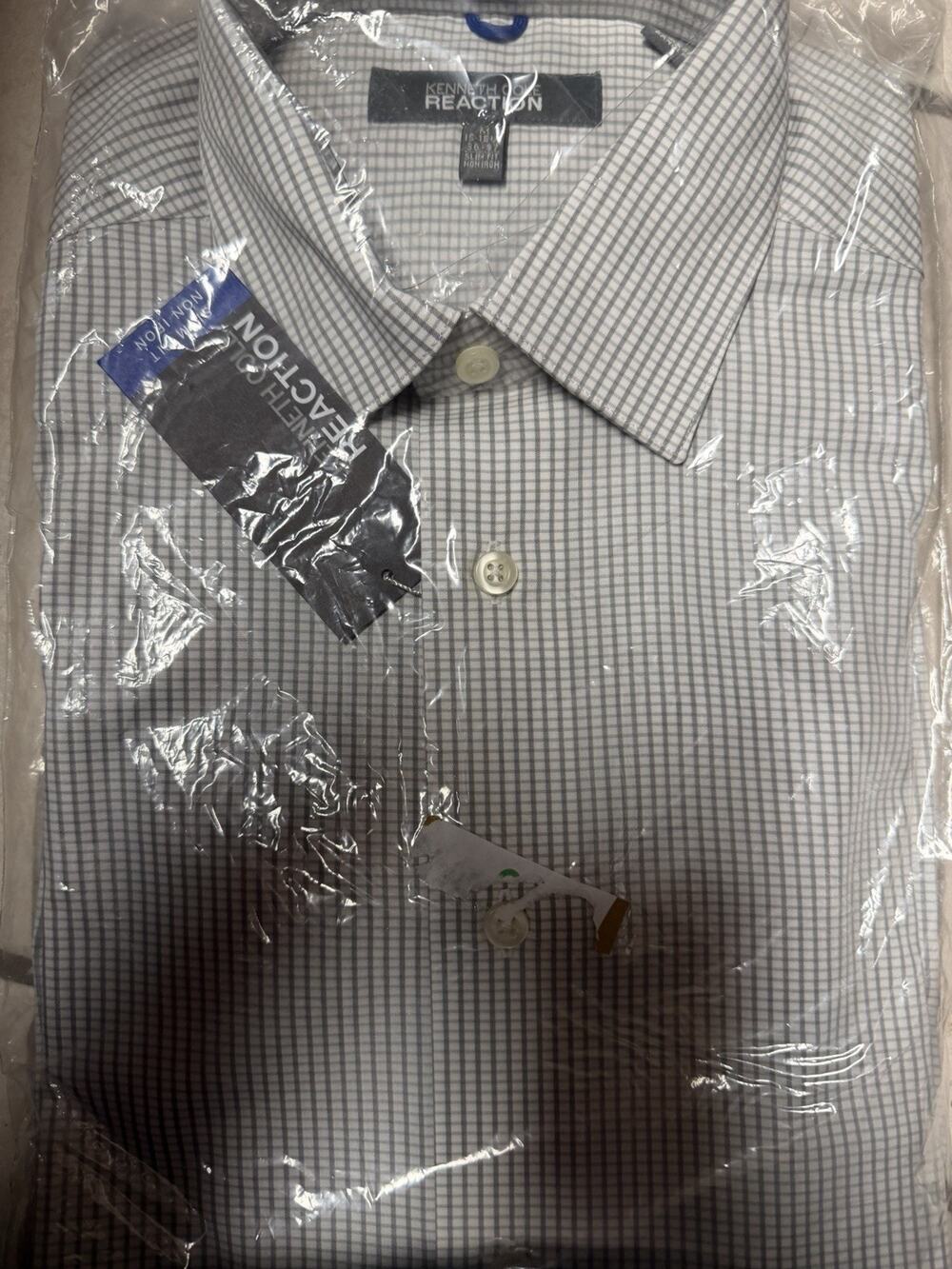 Kenneth Cole Reaction Slim Fit Wrinkle Free Dress Shirt Check Med 15-15.5 Gray